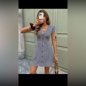 SHEIN Frenchy Striped Print Button Front Butterfly Sleeve Short Summer Dress